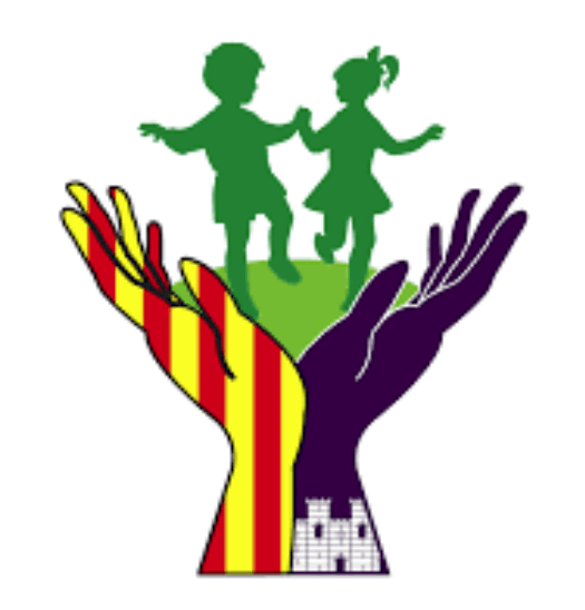 A logo in the form of two hands coloured as the Mallorcan flag and joined at the wrist, opening up to hold two playing children