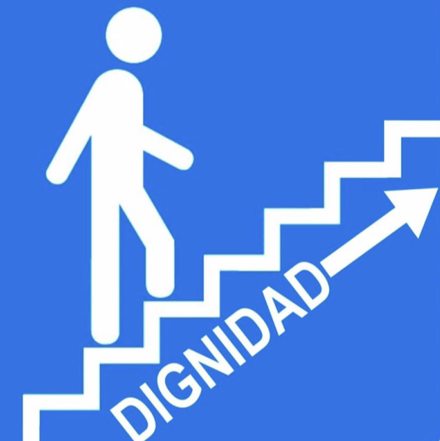 A drawing showing a man going up the stairs marked with the word dignity and an arrow showing up