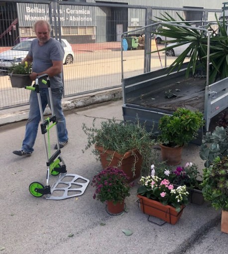 A man picking up plants from a trailer