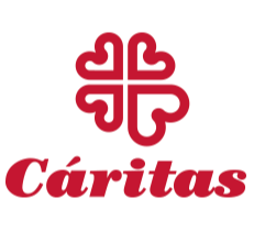 A red logo with text Caritas and a clover with four leaves, shaped as hearts