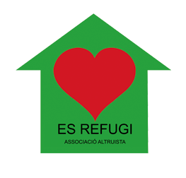 Logo in the form of a green, large arrow pointing up, containing a red heart and a text: Es Refugi Associació altruista