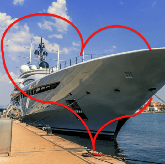 A big motor yacht alongside a dock, with a big red heart drawn around it